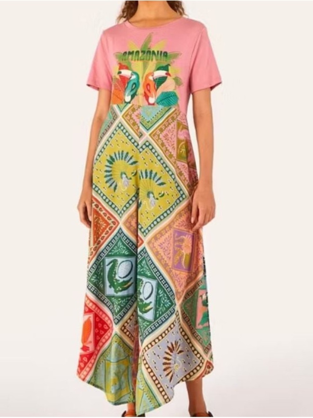 Farm Rio Pink Multicolor Patchwork Maxi Dress - Lightweight Short Sleeve